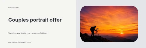 Photographer capturing mountain sunset silhouette in Couples portrait offer banner template