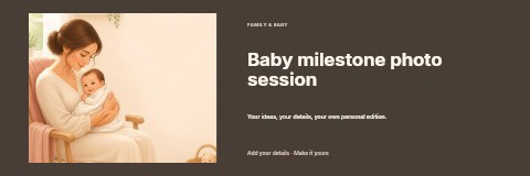Mother cuddling smiling newborn baby in Baby milestone photo session banner template