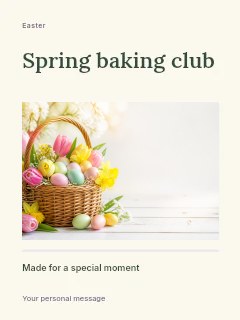 Easter basket with colored eggs and flowers in Spring baking club · Title & photograph