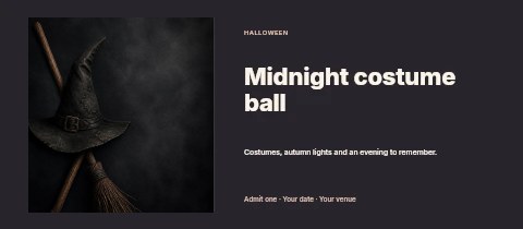 old witch hat and broom on dark background in Midnight costume ball event ticket template