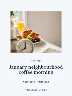 Breakfast table with clock and fruit in January neighbourhood coffee morning poster · Picture window