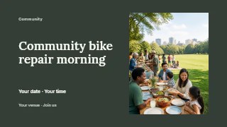 Community bike repair morning presentation cover template · Horizontal photo dialogue