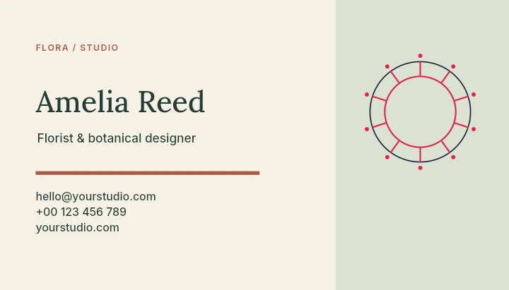 Dot radial emblem · 10 motifs and spokes in Flora studio · Botanical business card