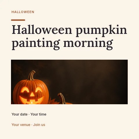 Glowing Jack-o’-lantern pumpkins with autumn leaves in Halloween pumpkin painting morning social media post · Title & photograph