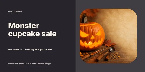 Glowing carved jack-o’-lantern with autumn tools in Monster cupcake sale gift voucher template