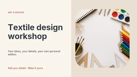 Art supplies and blank paper flat lay in Textile design workshop youtube thumbnail template