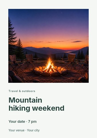 Campfire with chairs at mountain sunset in Mountain hiking weekend flyer template