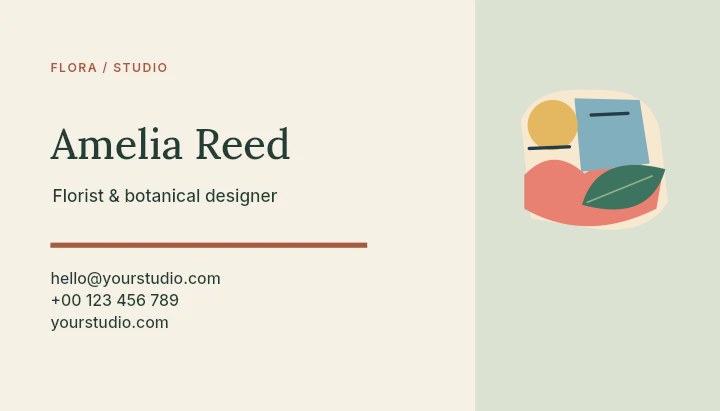 Warm organic paper collage in Flora studio · Botanical business card