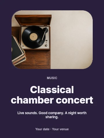 Vintage record player and vinyl collection in Classical chamber concert poster template