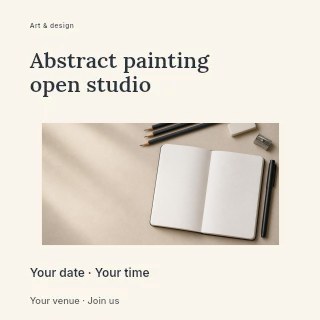 Open notebook with drawing pencils and stationery in Abstract painting open studio social media post · Modern programme
