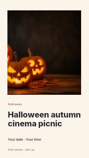 Three Glowing Carved Halloween Pumpkins in Halloween autumn cinema picnic instagram story · Gallery editorial