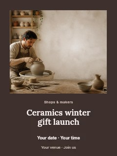 Potter shaping clay on wheel in Ceramics winter gift launch poster · Quiet photo gallery