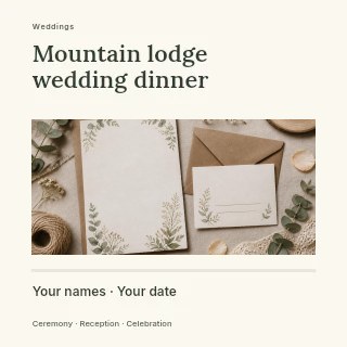 Mountain lodge wedding dinner social media post template · Title & photograph