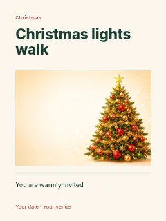 Decorated Christmas tree with gold star in Christmas lights walk · Title & photograph