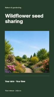 Curved stone path in vibrant flower garden in Wildflower seed sharing instagram story · Title & photograph