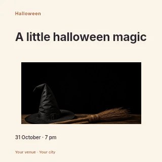 black witch hat and broom on wooden table in Halloween photo celebration · Modern programme