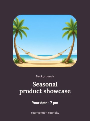 Hammock Between Two Palm Trees on Beach in Seasonal product showcase invitation template