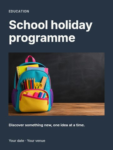 Colorful school backpack with supplies in School holiday programme invitation template