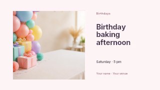 Birthday baking afternoon presentation cover template · Horizontal photo dialogue