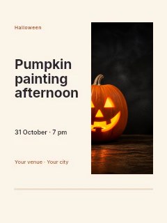 Glowing Jack-o’-lantern Pumpkin on Wood in Pumpkin painting afternoon · Split portrait