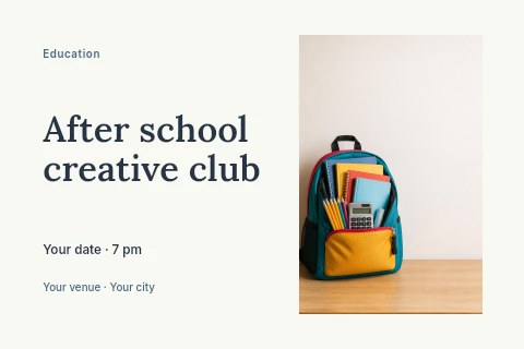 Backpack filled with school supplies in After school creative club postcard template