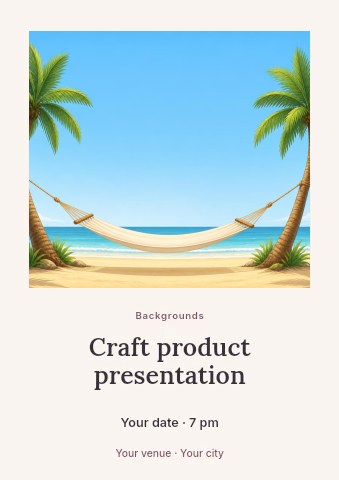 Hammock Between Two Palm Trees on Beach in Craft product presentation flyer template