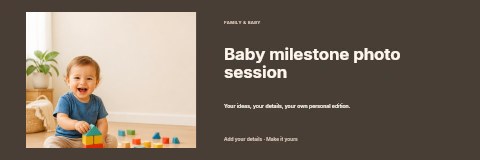 Toddler playing with colorful wooden blocks in Baby milestone photo session banner template