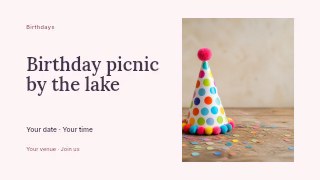 Birthday picnic by the lake presentation cover template · Horizontal photo dialogue