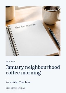 Notebook ready for new year resolutions in January neighbourhood coffee morning flyer · Gallery editorial