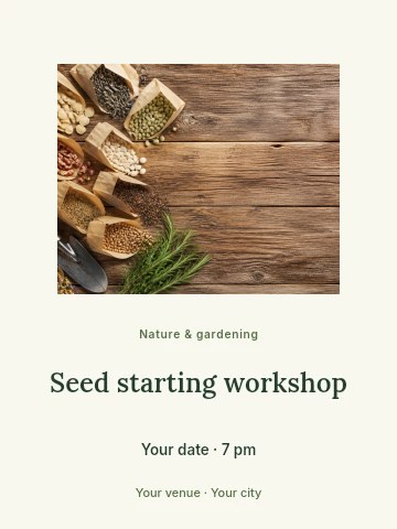 Variety of garden seed packets and gardening tools in Seed starting workshop invitation template