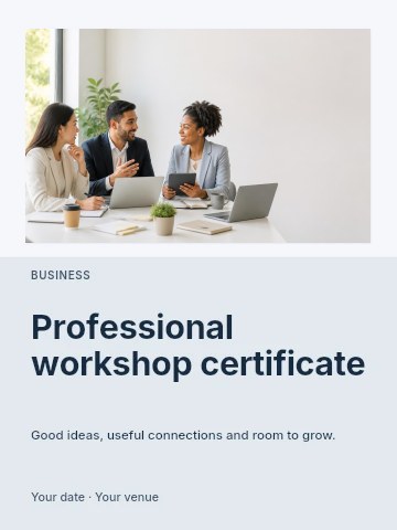 Diverse professionals collaborating in office meeting in Professional workshop certificate invitation template