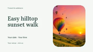Easy hilltop sunset walk presentation cover template · Horizontal photo dialogue