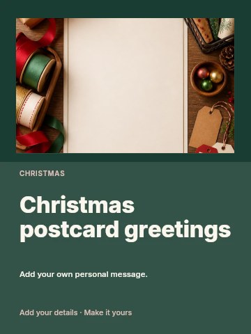 Christmas gift wrapping supplies flatlay in Christmas postcard greetings greeting card template
