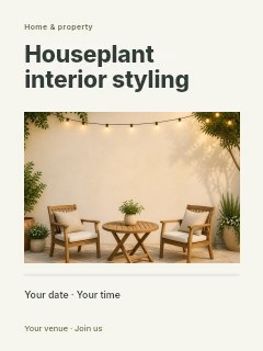 Cozy outdoor seating area with string lights in Houseplant interior styling poster · Title & photograph