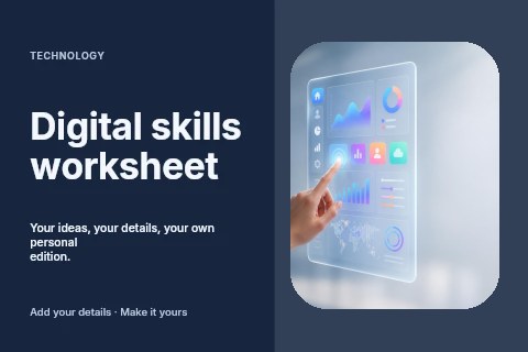 Hand interacting with futuristic digital dashboard in Digital skills worksheet postcard template