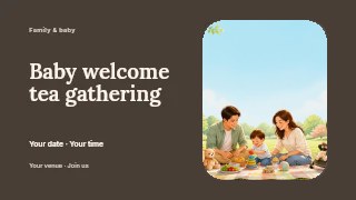 Baby welcome tea gathering presentation cover template · Horizontal photo dialogue