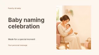 Mother cuddling smiling newborn baby in Baby naming celebration · Horizontal photo dialogue