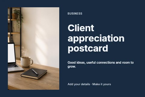 Minimalist workspace with laptop and coffee in Client appreciation postcard template