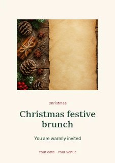Rustic Christmas Background with Paper and Pinecones in Christmas festive brunch · Picture window