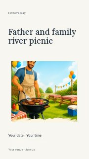 smiling man barbecuing in festive backyard in Father and family river picnic instagram story · Modern programme