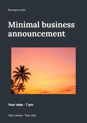 Tropical beach sunset with palm trees in Minimal business announcement flyer template