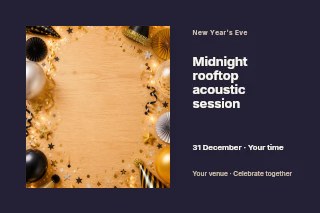 Midnight rooftop acoustic session postcard template · Horizontal photo dialogue