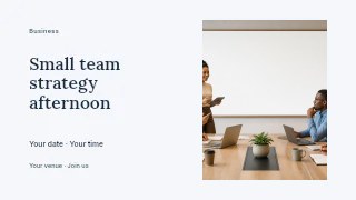 Small team strategy afternoon presentation cover template · Horizontal photo dialogue