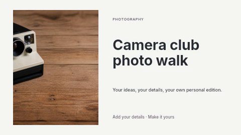 Vintage instant camera on wooden surface in Camera club photo walk youtube thumbnail template