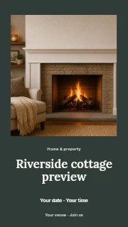 Cozy armchair by lit fireplace in Riverside cottage preview instagram story · Quiet photo gallery