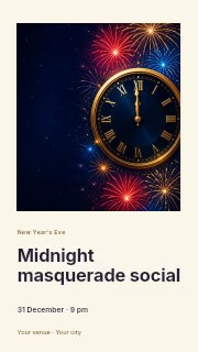 Clock striking midnight with fireworks in Midnight masquerade social · Gallery editorial