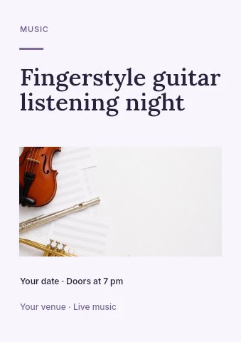 Musical instruments with blank sheet music in Fingerstyle guitar listening night flyer · Quiet photo gallery