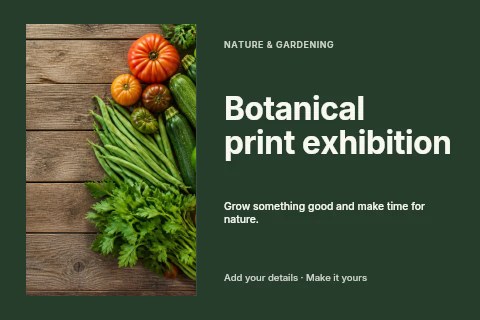 Fresh assorted vegetables on wooden surface in Botanical print exhibition postcard template