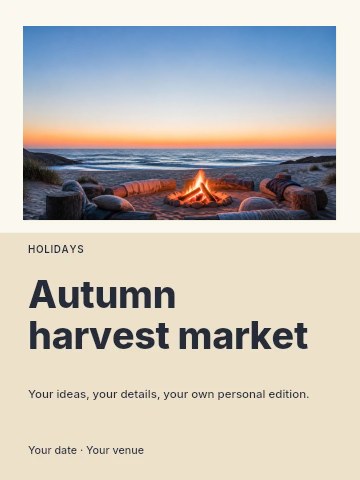 Cozy beach campfire at sunset in Autumn harvest market invitation template
