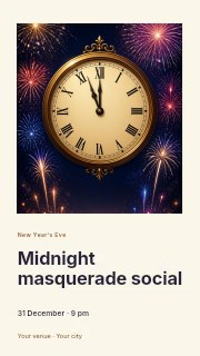 Vintage clock showing midnight with fireworks in Midnight masquerade social · Gallery editorial